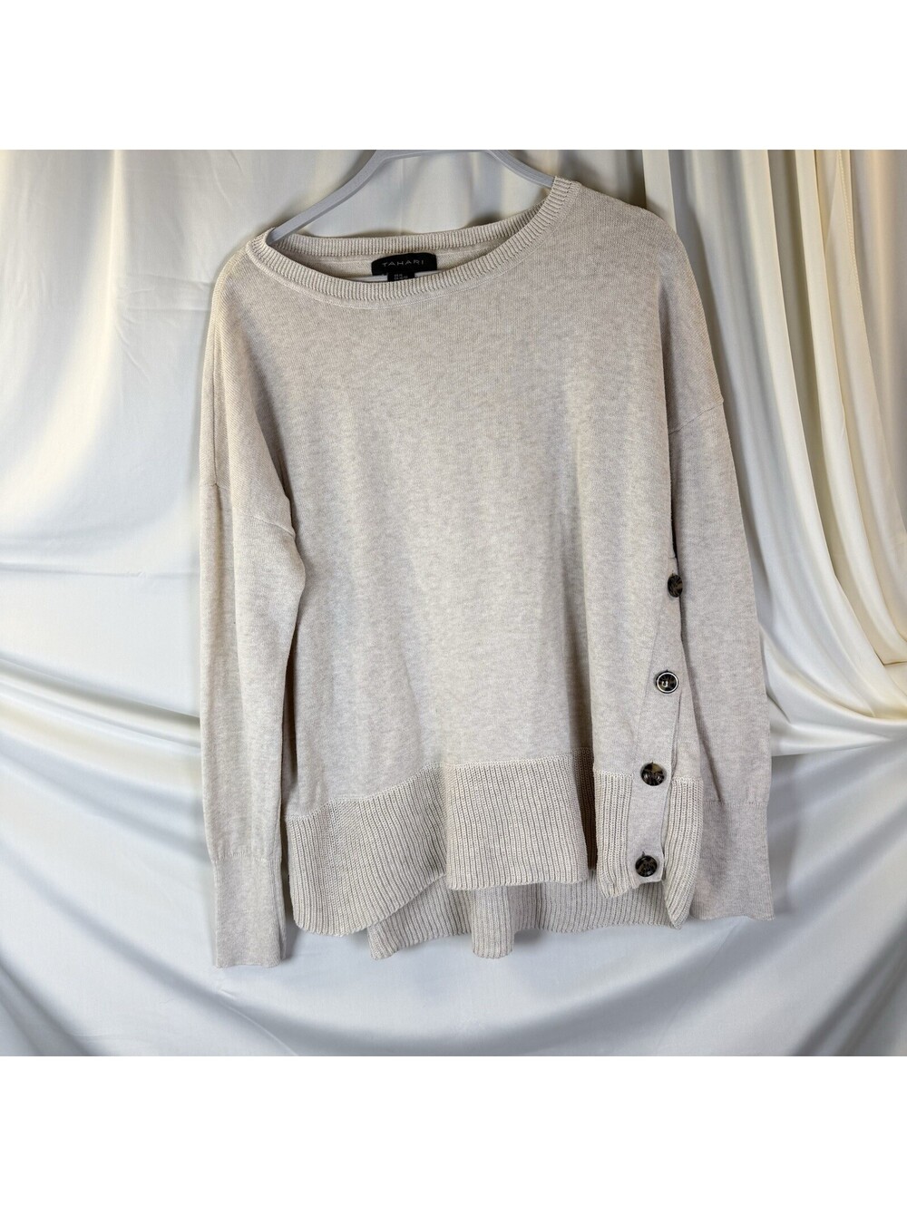 Tahari Sweater Beige Cotton Blend Pullover Slit/Button Sides Hi-Low Relaxed XL